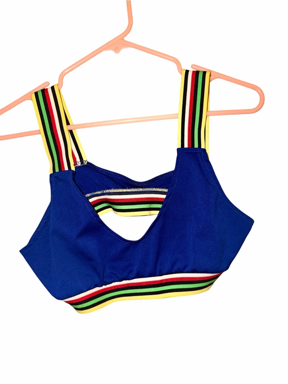 Blue Sports Bralette with Multicolor Striped Elastic